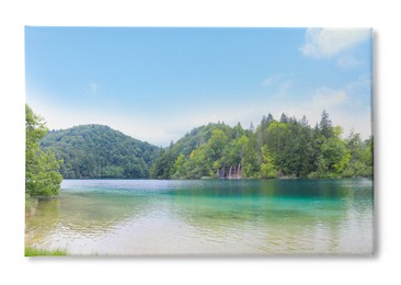 Image of Photo printed on canvas, white background. Picturesque view of river and mountains on sunny day