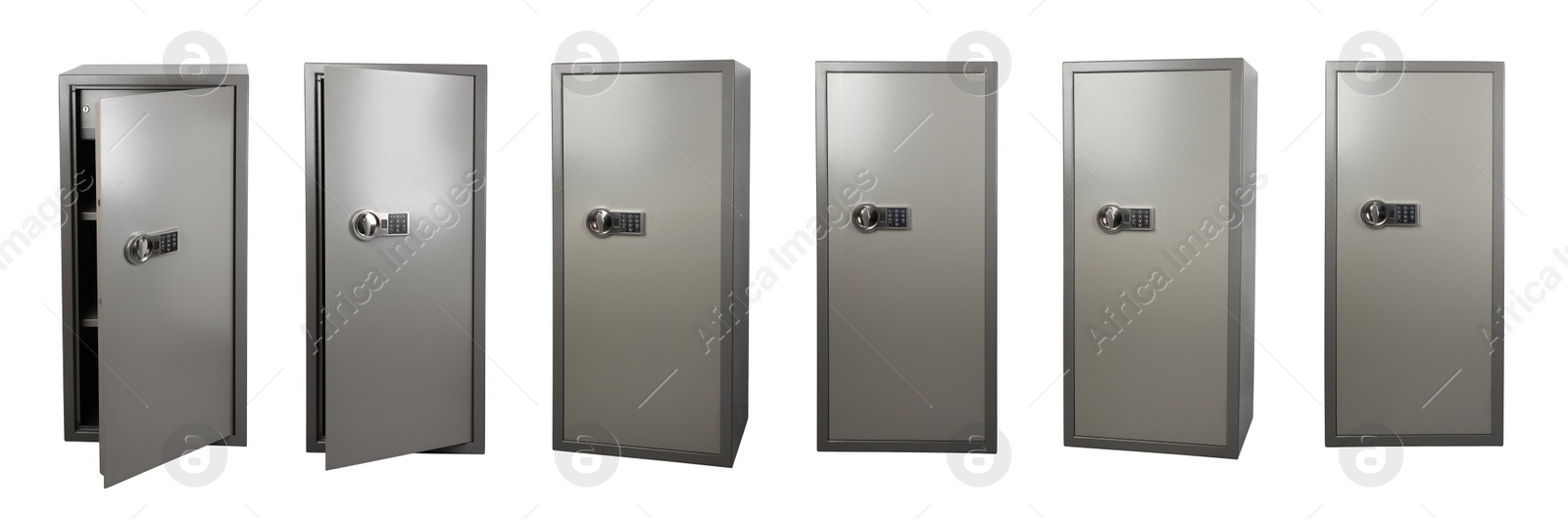 Image of Set of steel safes on white background. Banner design 