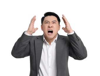 Photo of Angry businessman in suit screaming on white background