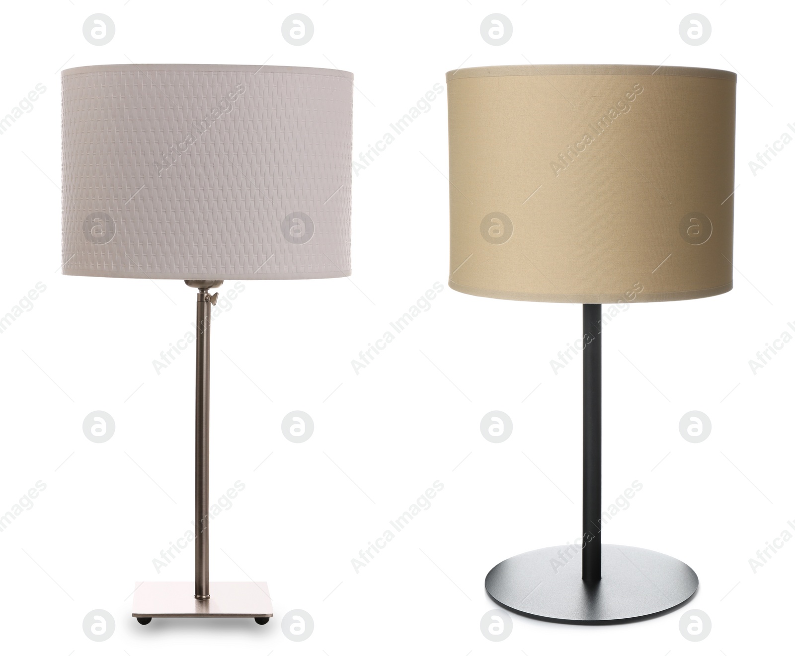 Image of Collage with different stylish night lamps on white background