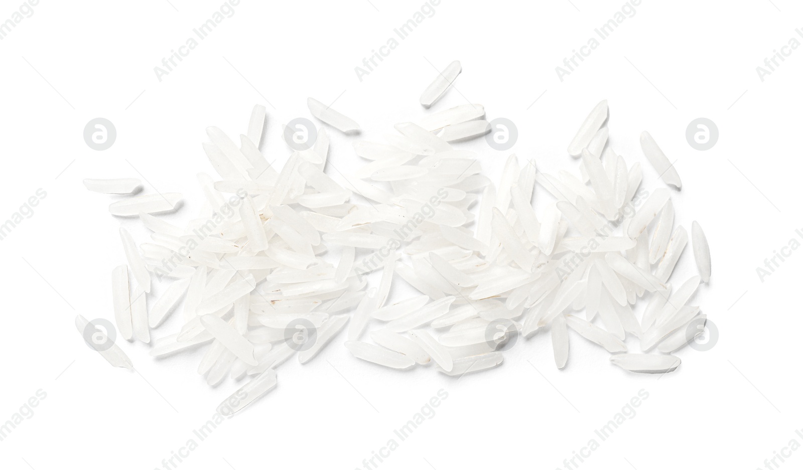 Photo of Pile of raw basmati rice isolated on white, top view