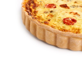 Photo of Delicious quiche with cheese and tomatoes isolated on white