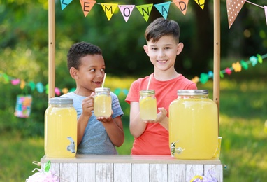 Photo of Cute little boys at lemonade stand in park. Summer refreshing natural drink
