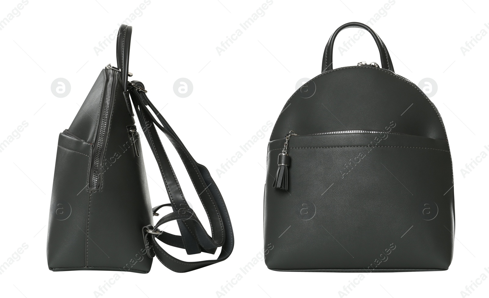 Image of Stylish leather backpacks on white background, collage