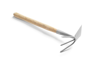 Photo of New rake hoe on white background. Professional gardening tool