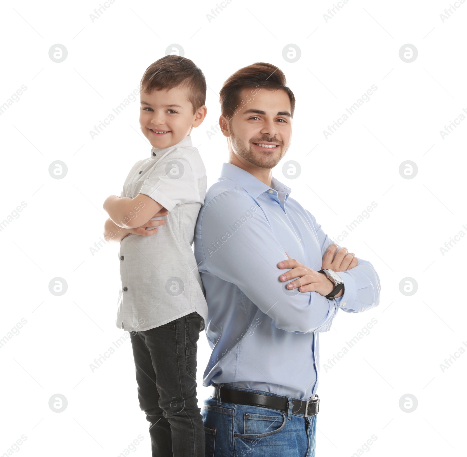 Photo of Portrait of dad and his son isolated on white