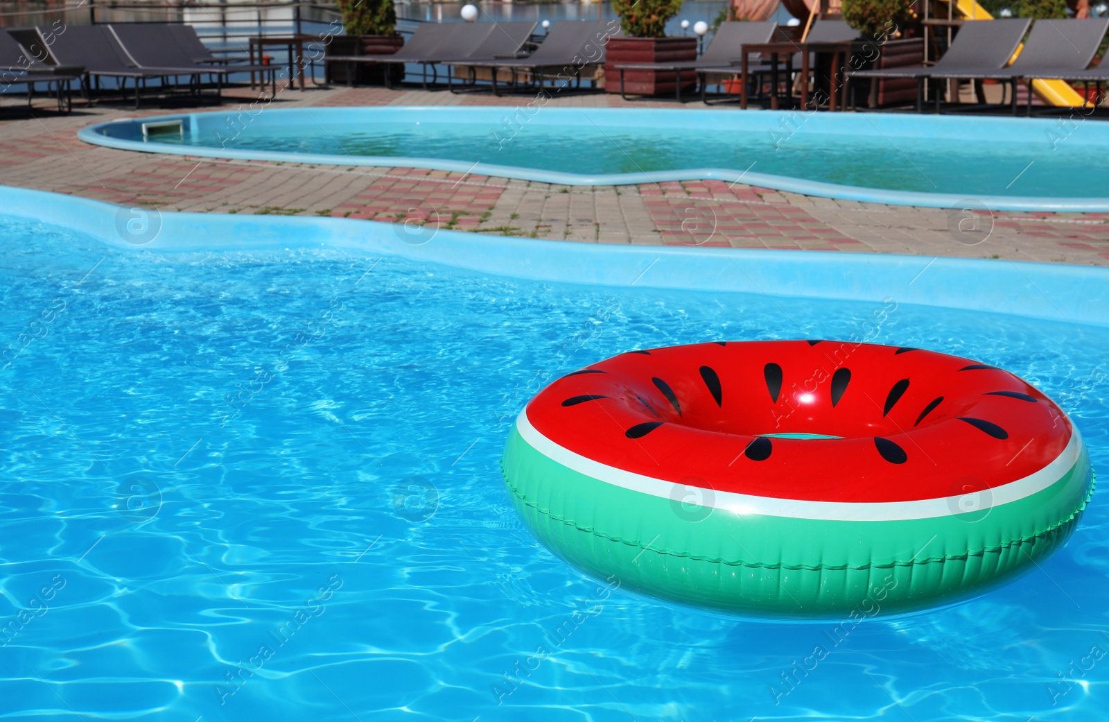 Photo of Inflatable ring floating in swimming pool on sunny day. Space for text