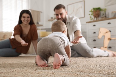 Happy parents watching their baby crawl on floor at home