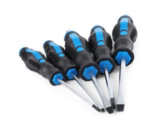 Photo of Set of screwdrivers with blue handles isolated on white