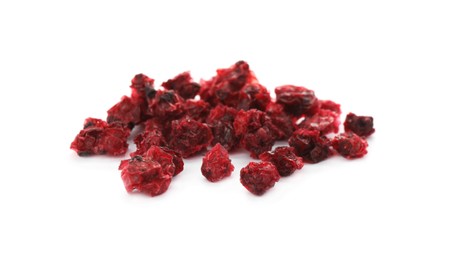 Photo of Pile of dried red currants on white background