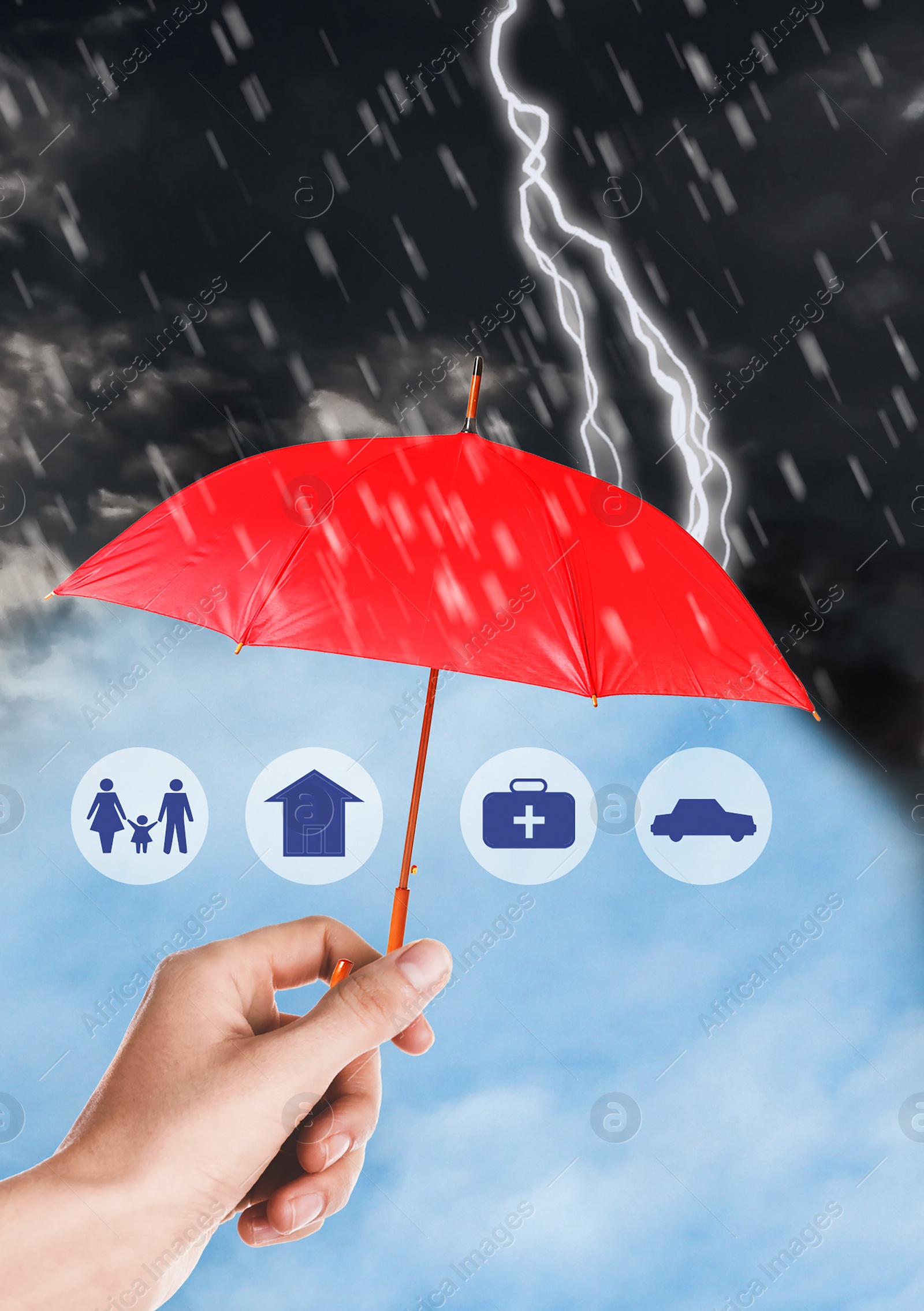 Image of Insurance concept. Woman protecting illustrations with red umbrella from storm, closeup