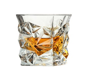 Photo of Whiskey in glass isolated on white. Alcoholic drink