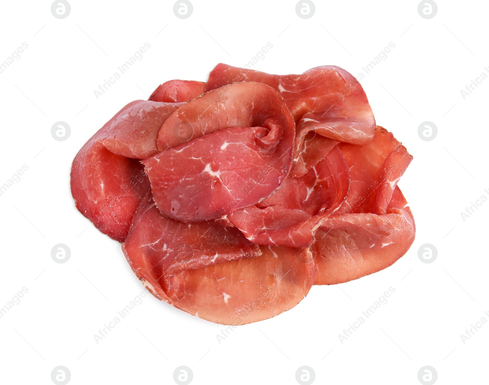 Photo of Slices of tasty bresaola isolated on white, top view