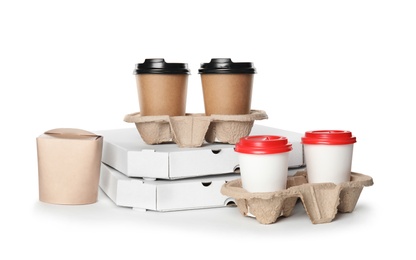 Photo of Different containers on white background, mockup for design. Food delivery