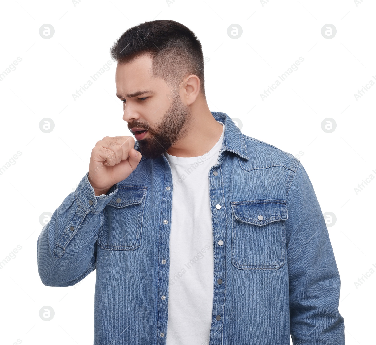 Photo of Sick man coughing on white background. Cold symptoms