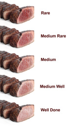 Image of Delicious sliced beef tenderloins with different degrees of doneness on white background