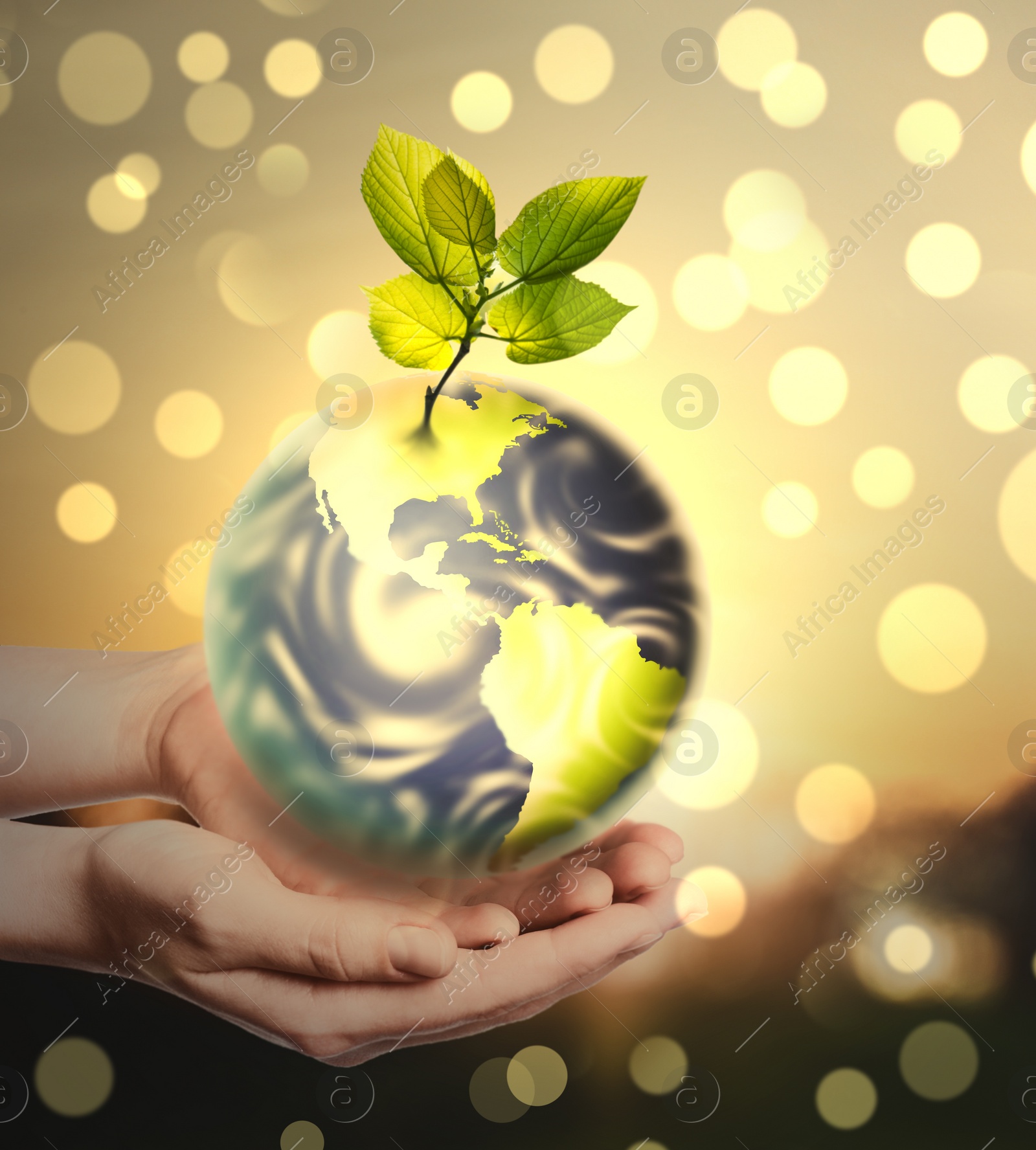 Image of Woman holding Earth on light background, closeup