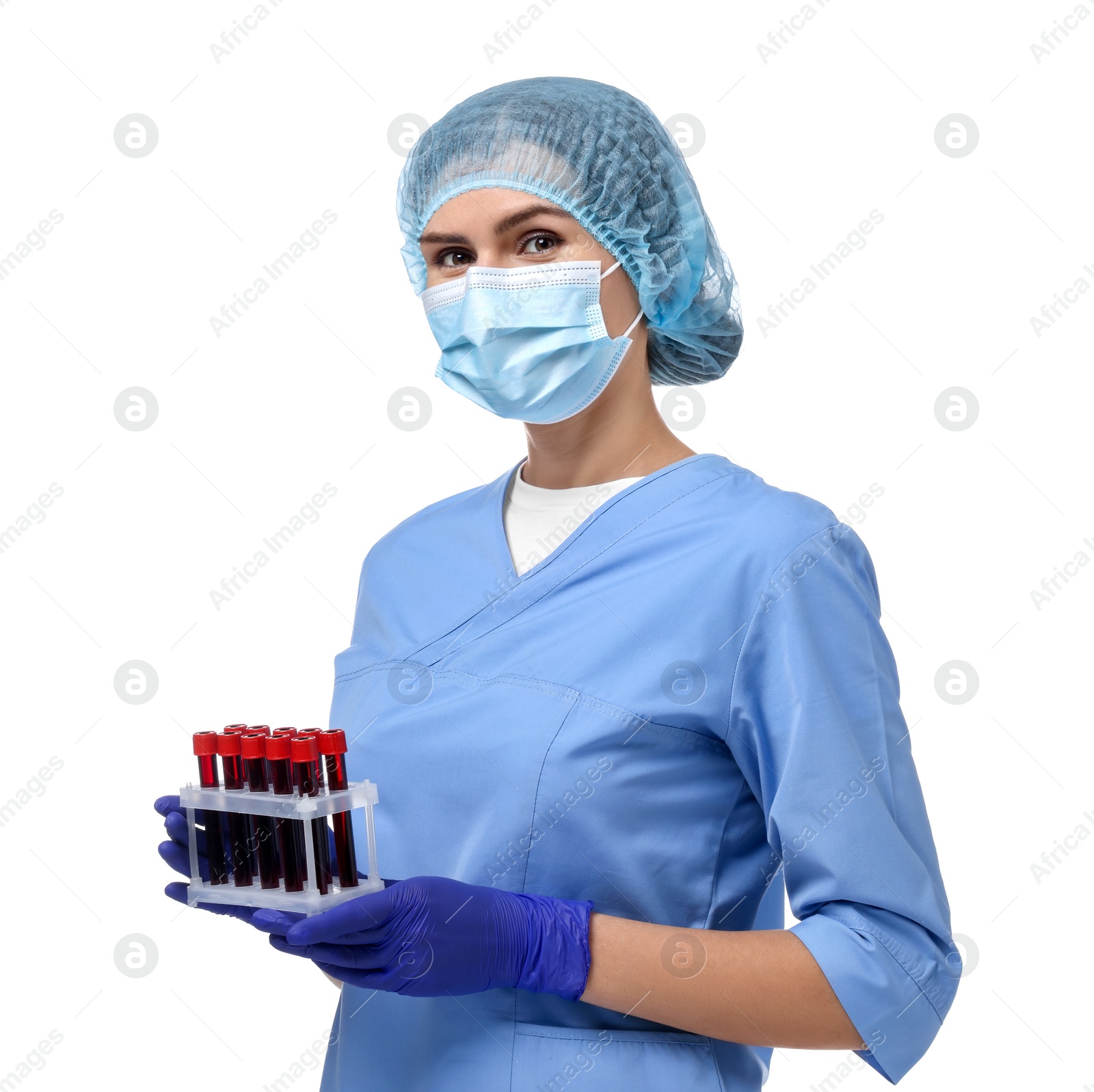 Photo of Laboratory testing. Doctor with blood samples in tubes on white background