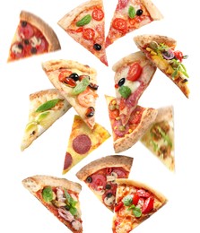 Image of Flying slices of different pizzas on white background