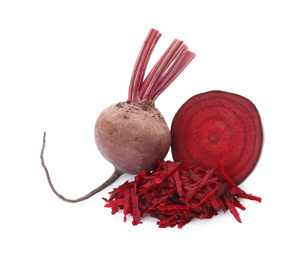 Photo of Whole, cut and grated red beets on white background