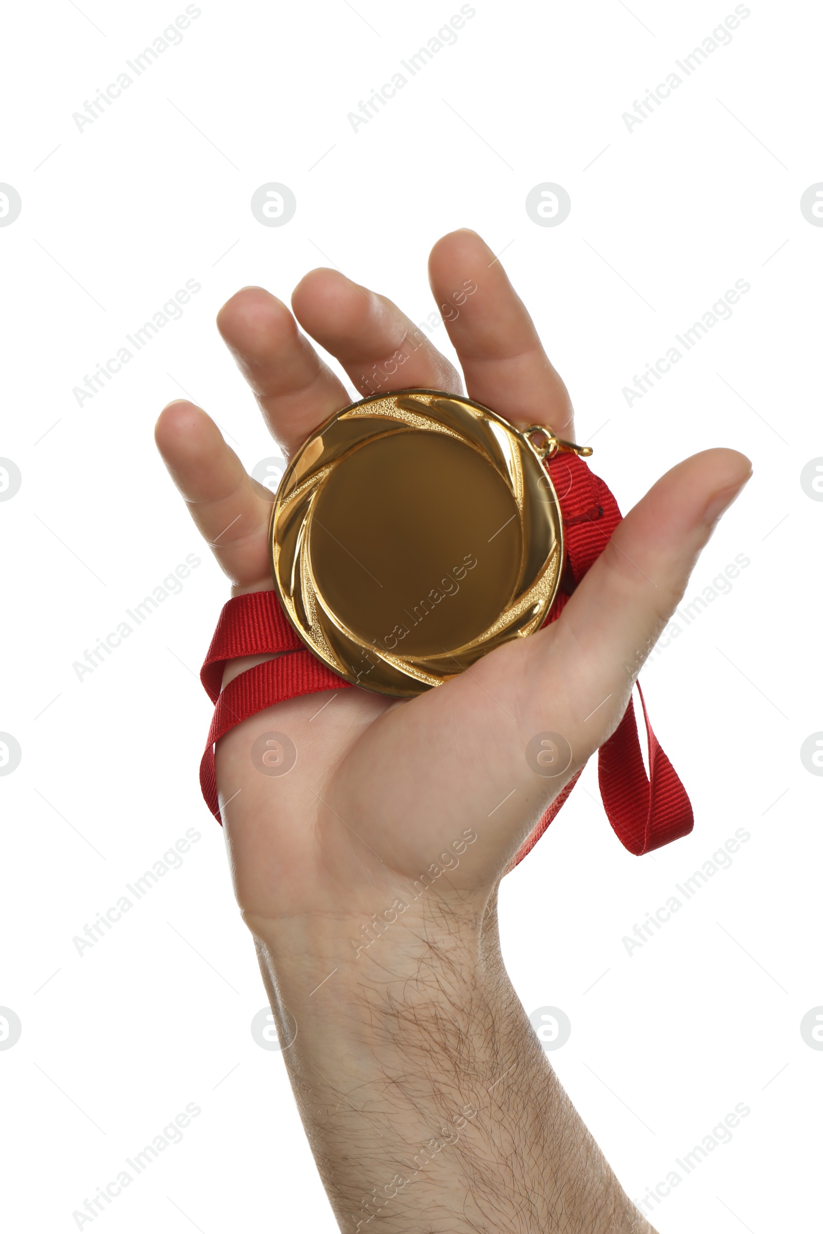 Photo of Man holding golden medal on white background, closeup. Space for design