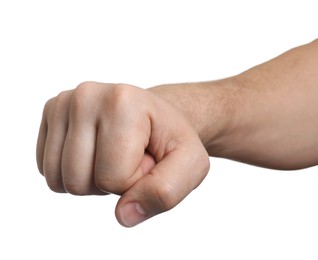 Photo of Man showing fist on white background, closeup