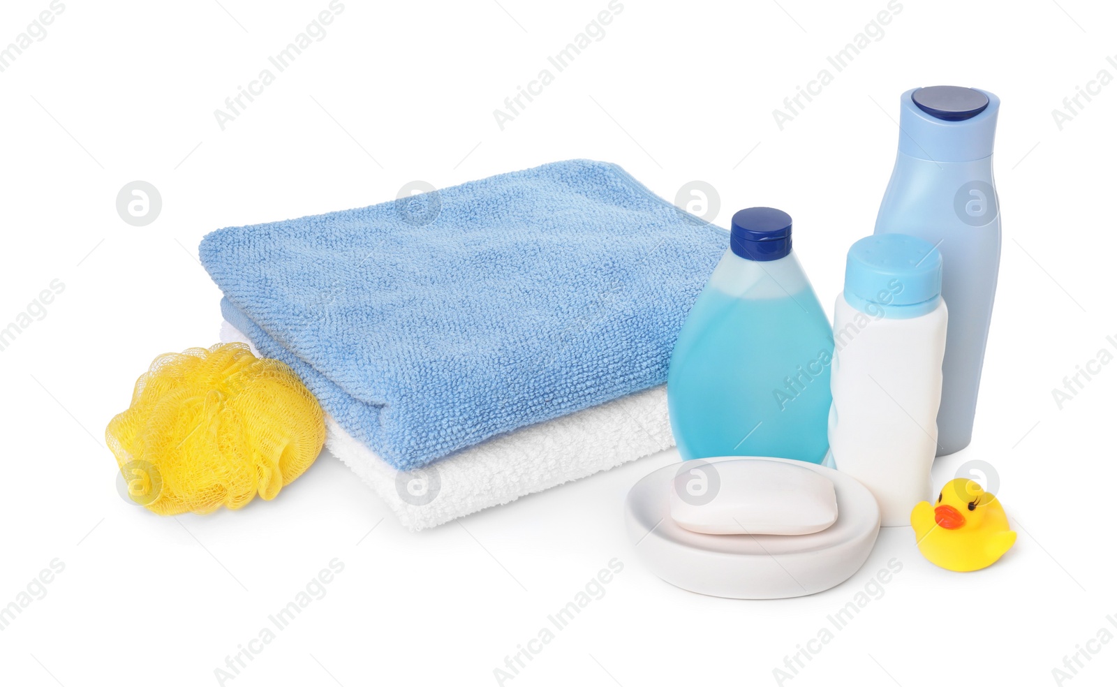 Photo of Baby cosmetic products, bath duck, sponge and towels isolated on white