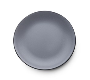 Photo of Empty gray ceramic plate isolated on white, top view