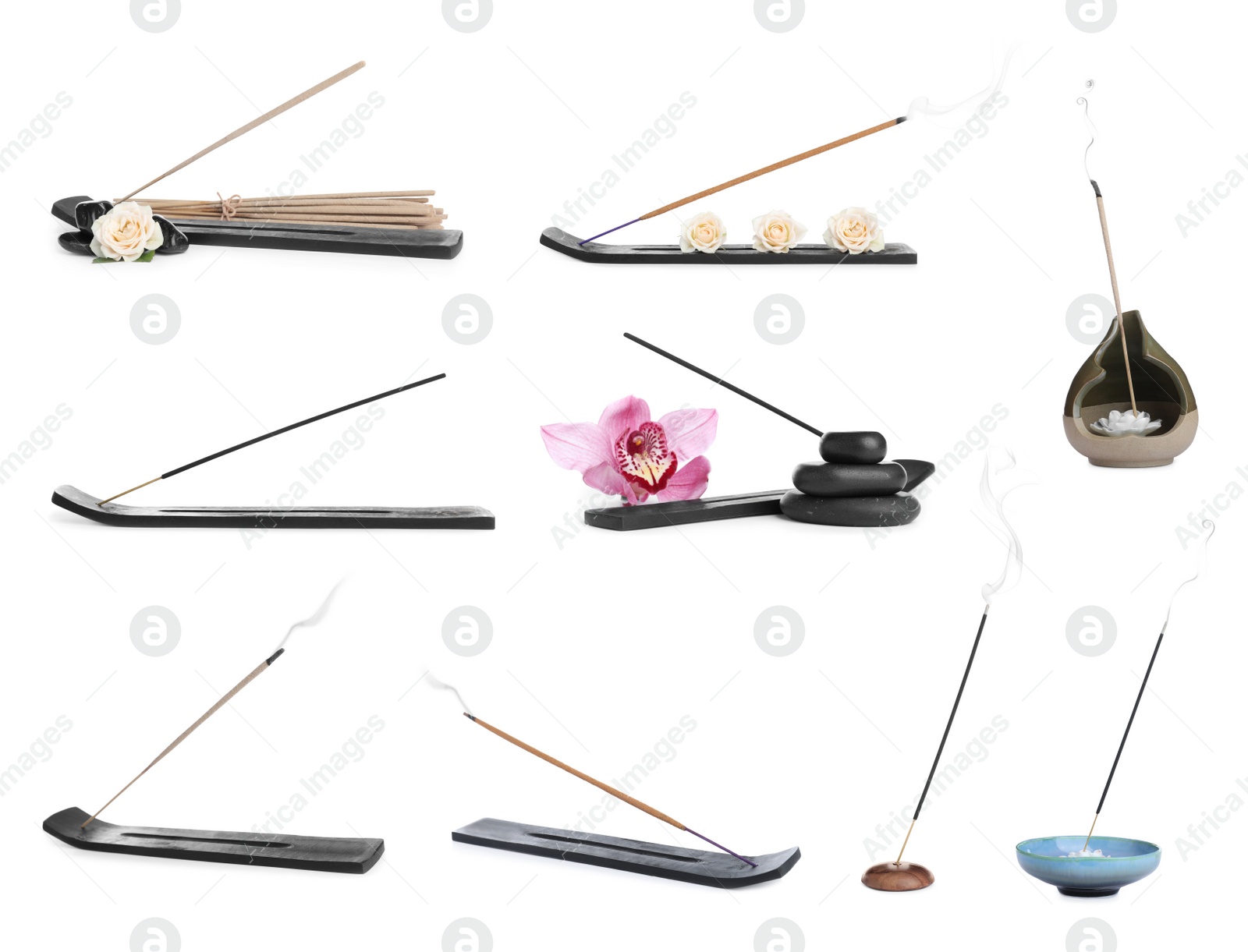 Image of Set with aromatic incense sticks on white background 