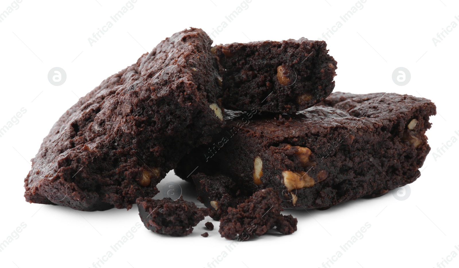 Photo of Delicious chocolate brownies with nuts on white background