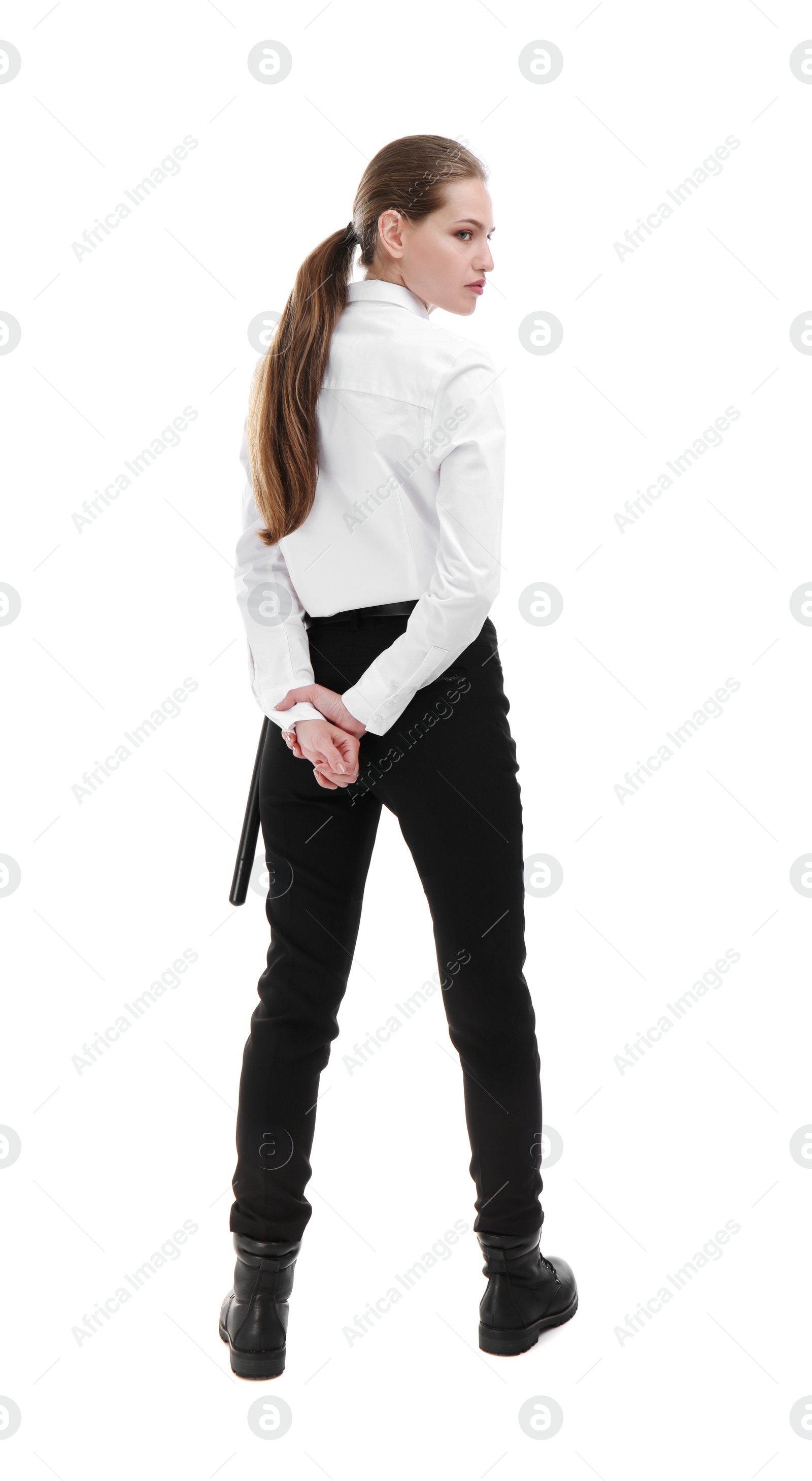 Photo of Female security guard in uniform on white background