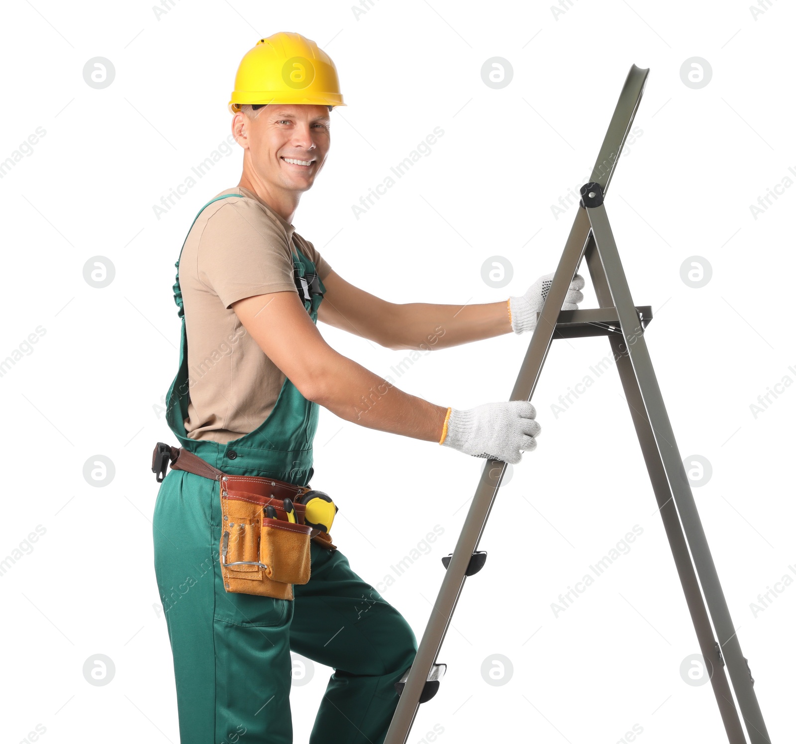 Photo of Professional constructor climbing ladder on white background