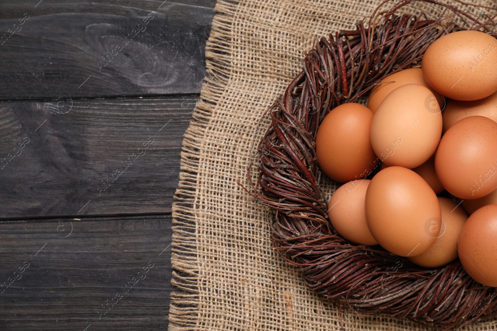 Photo of Fresh chicken eggs in nest on black wooden table, top view. Space for text