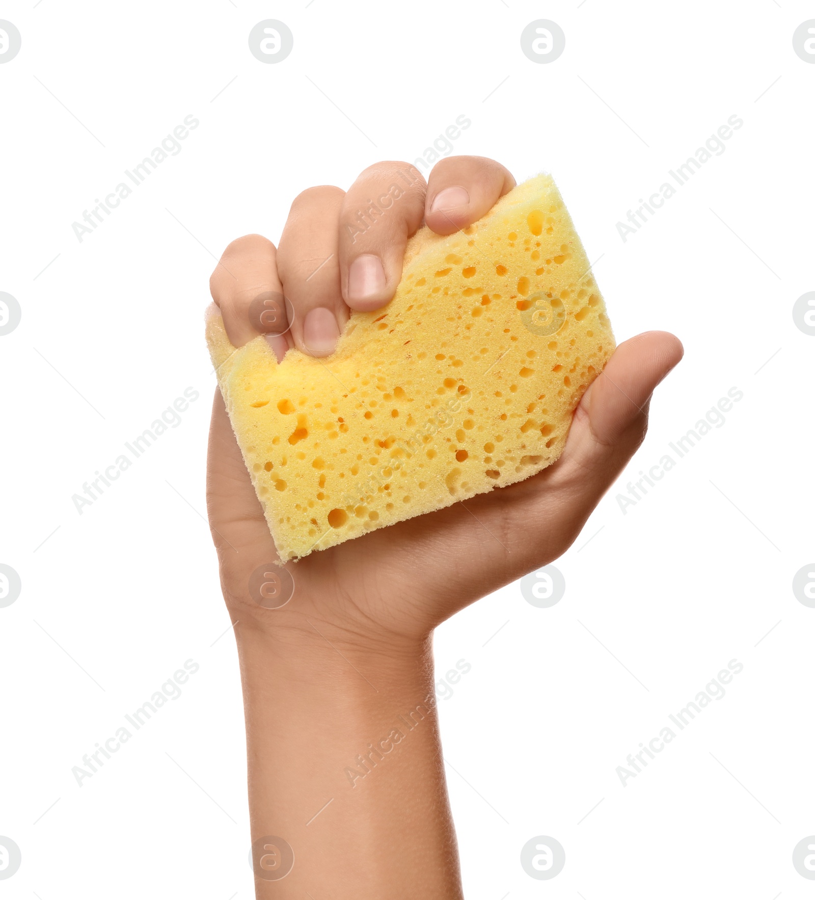 Photo of Woman holding cleaning sponge for dish washing on white background, closeup