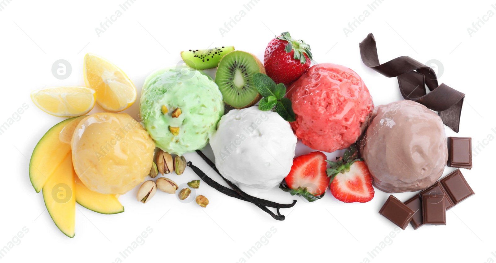 Photo of Scoops of different ice creams and ingredients on white background, top view