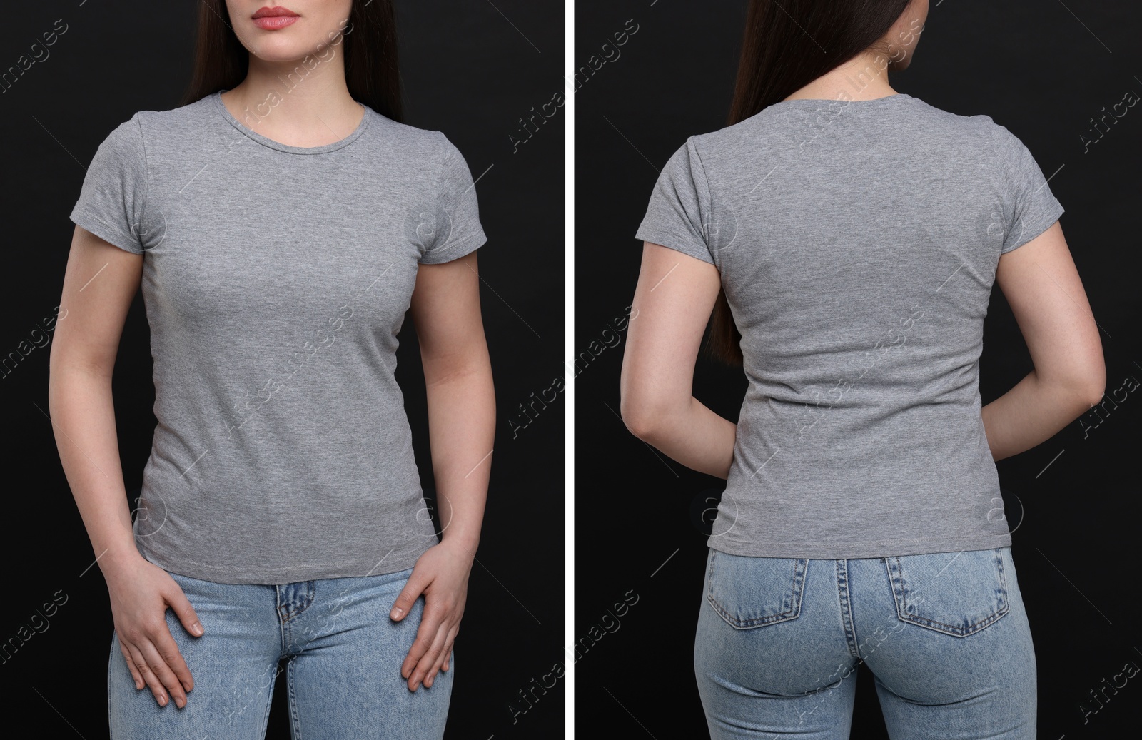 Image of Woman wearing grey t-shirt on black background, back and front view. Mockup for design