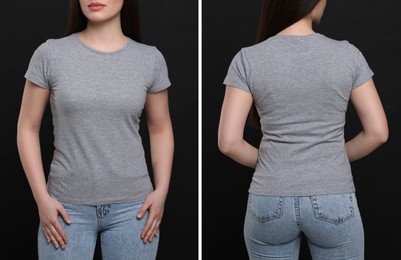 Woman wearing grey t-shirt on black background, back and front view. Mockup for design