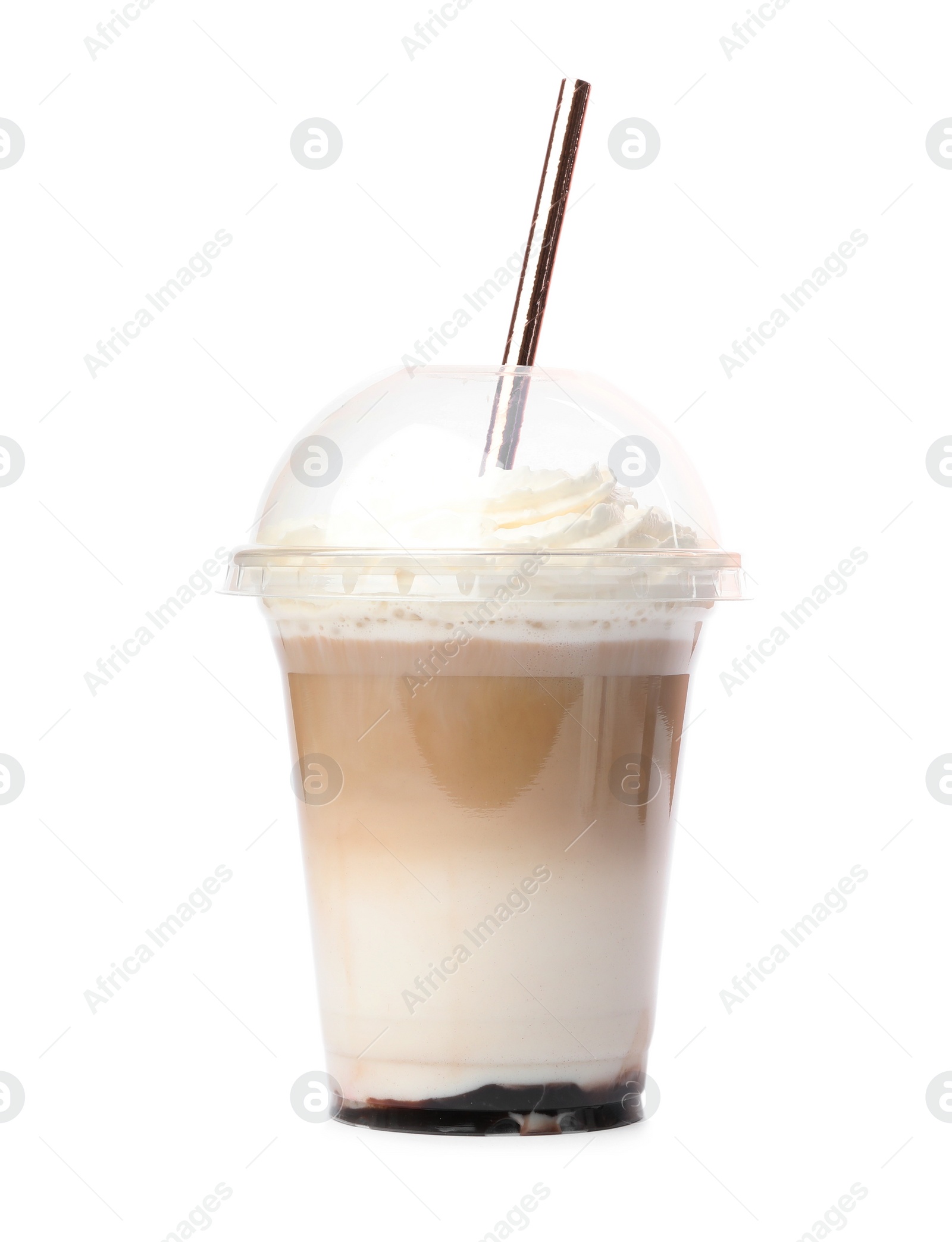 Photo of Delicious coffee with whipped cream in plastic cup isolated on white