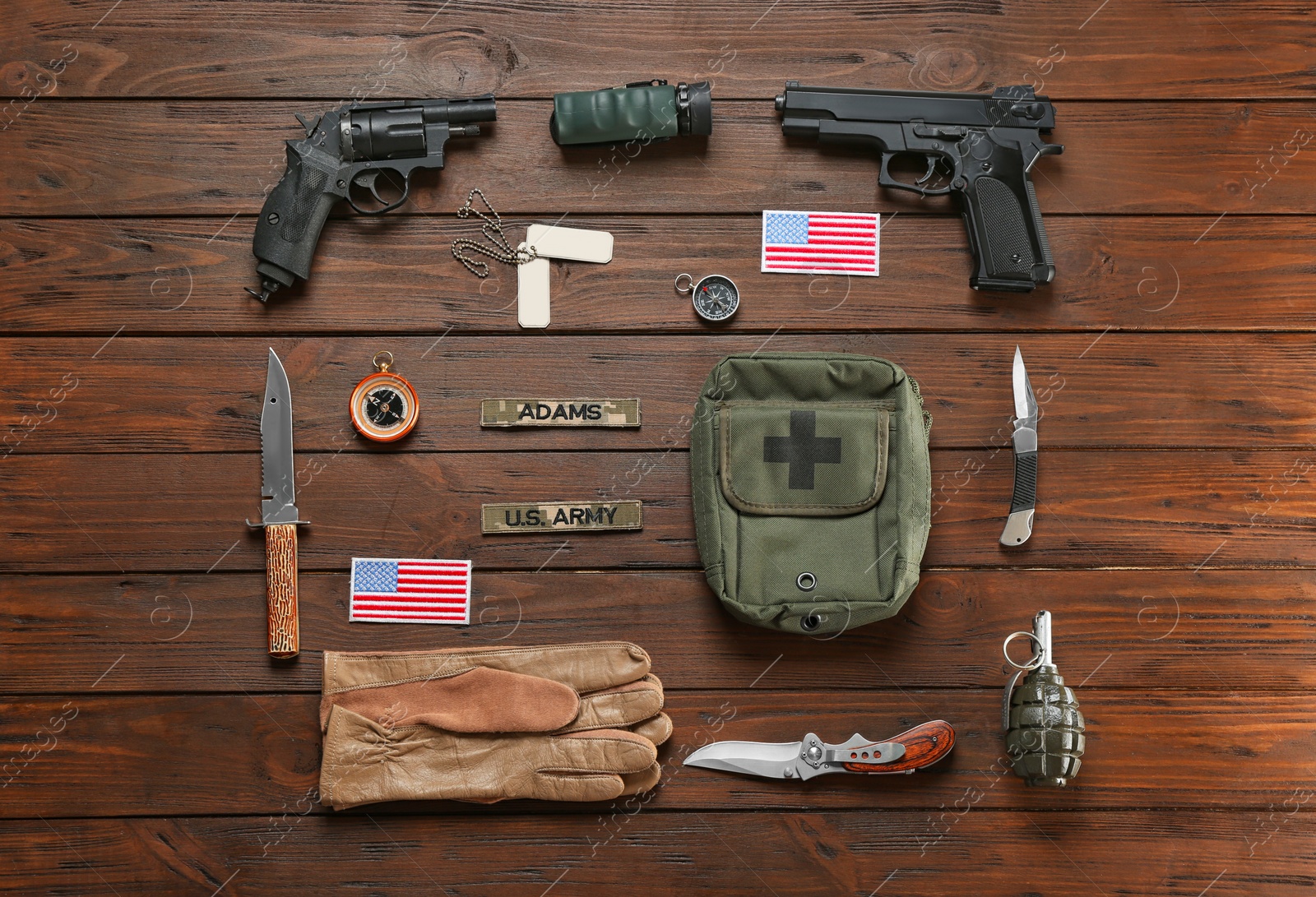 Photo of Set of military equipment on wooden background, flat lay