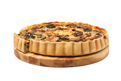 Photo of Delicious quiche with mushrooms isolated on white