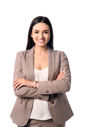 Portrait of happy businesswoman posing on white background