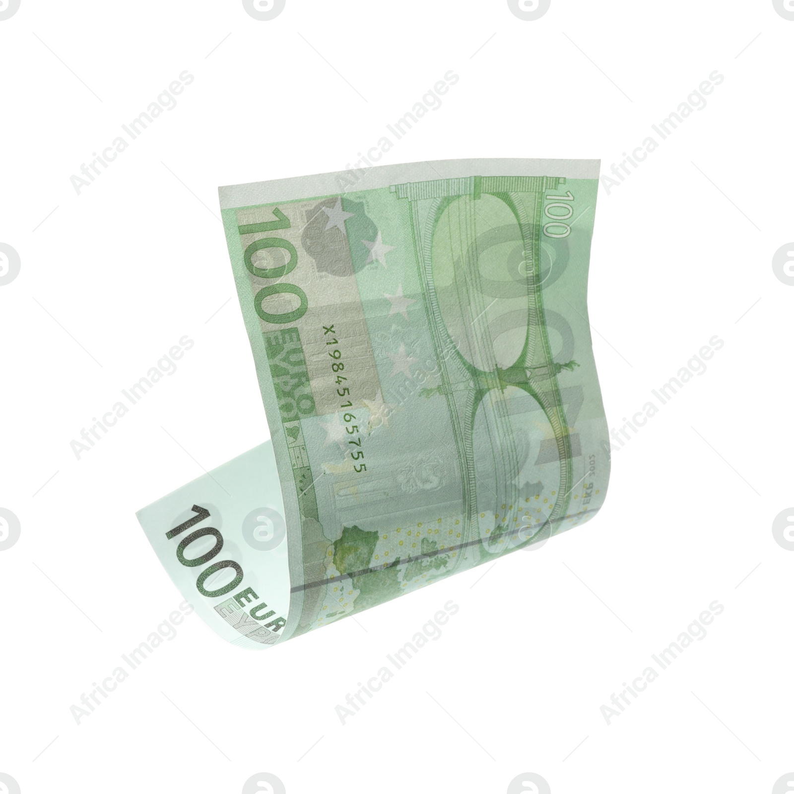 Photo of Flying one hundred Euro banknote isolated on white