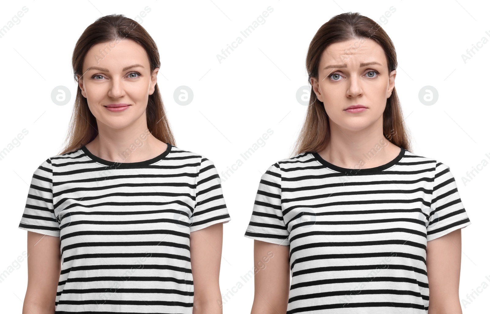 Image of Woman showing different emotions on white background, collage