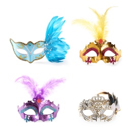 Image of Set of beautiful carnival masks on white background 