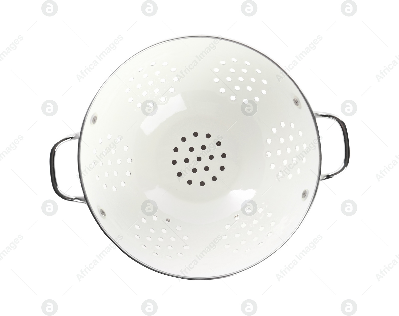 Photo of New colander isolated on white, top view. Cooking utensil