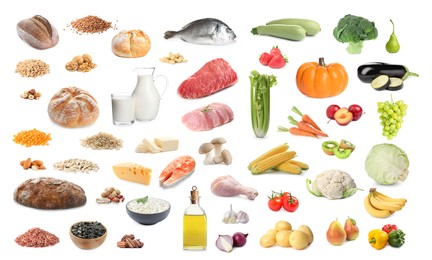 Image of Healthy diet. Set with many different products on white background