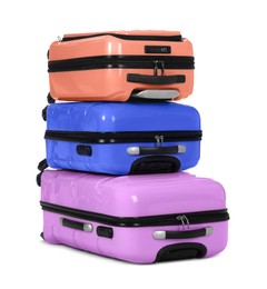 Image of Stylish suitcases packed for travel on white background 