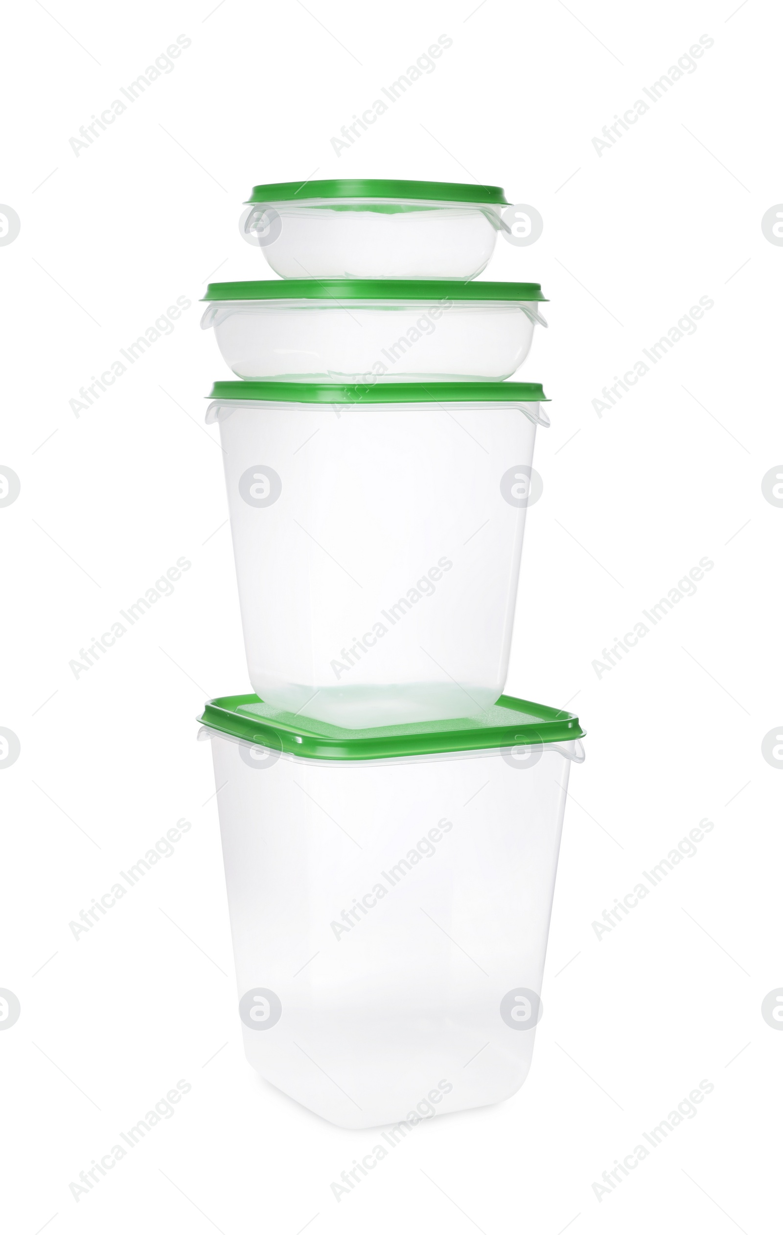 Photo of Set of empty plastic containers for food on white background