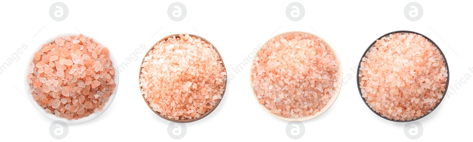 Image of Set with pink himalayan salt in bowls on white background. Banner design 