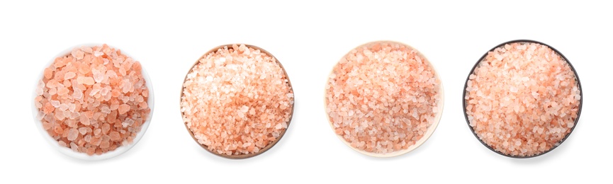 Image of Set with pink himalayan salt in bowls on white background. Banner design 